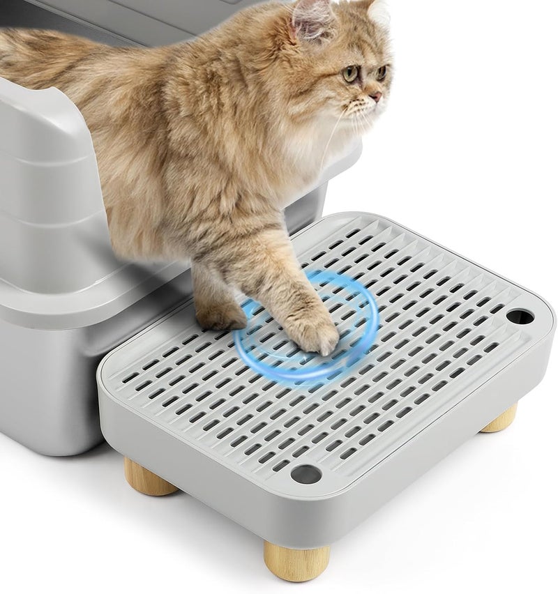 Bartuke Cat Litter Box Step Ramp, Cat Litter Catcher Mat with Wooden Feet, Filter Function, Pedal Stool for Self-Cleaning Litter Box, Ideal for Kitten & Elderly Cats(Light Grey) - Image 1